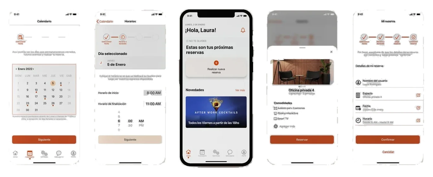 Five phone screens in a row: calendar with the 5th selected, time selection, home screen, office detail sheet with amenities and a Reservar button, and the booking review screen with edit icons
