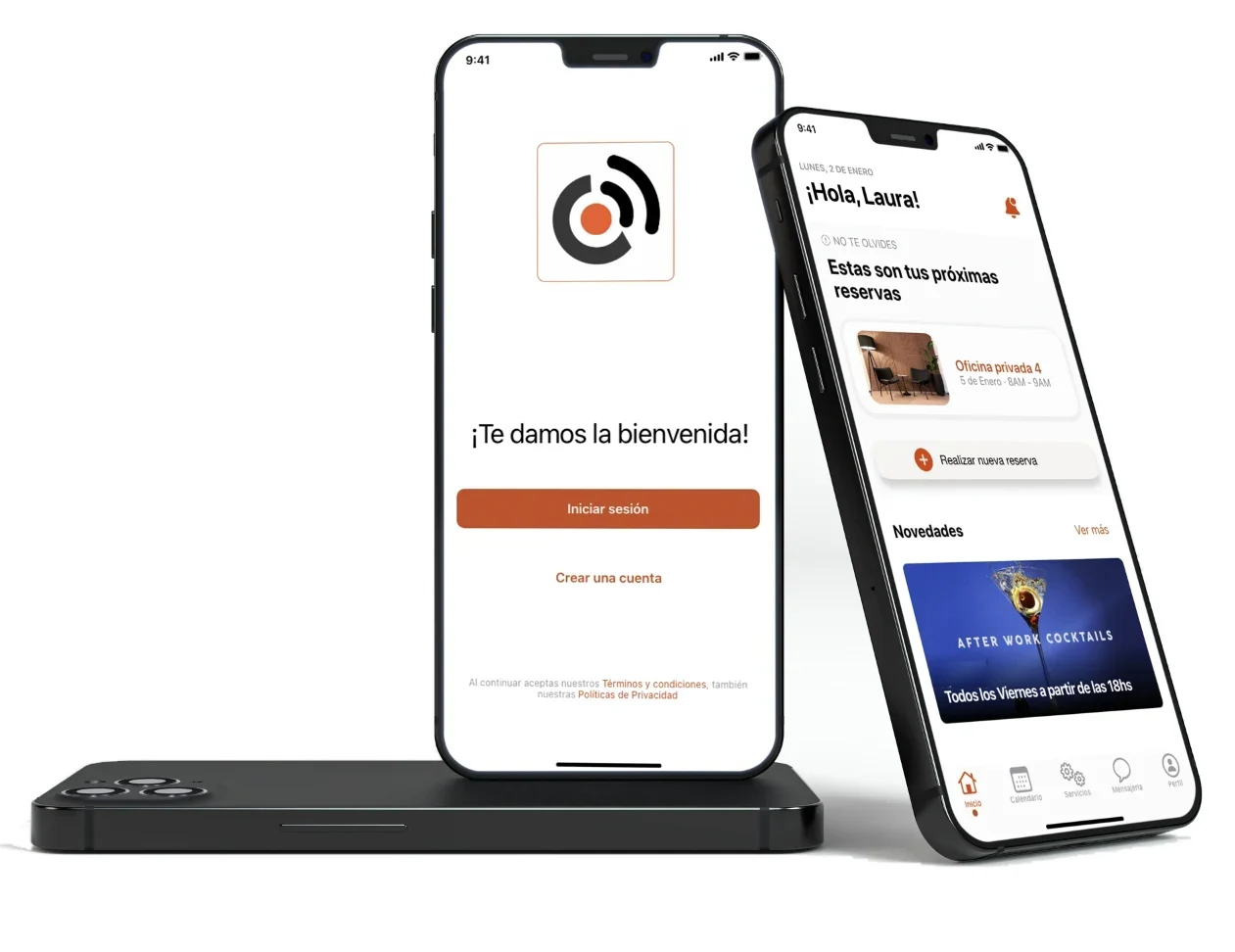 Two iPhones showing CoJuntos: the welcome screen with sign-in, and the home screen with an upcoming office booking