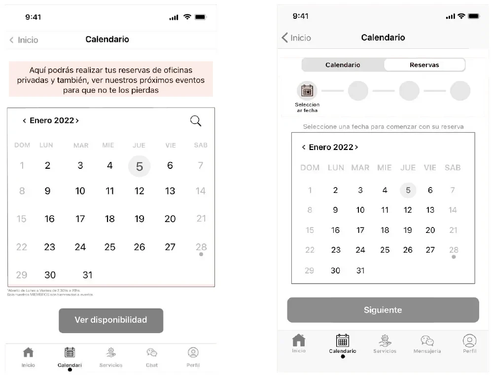 Two versions of the calendar: the tested one with a long instruction text and a search icon, and the iterated one with a Calendar and Bookings switch and a progress bar