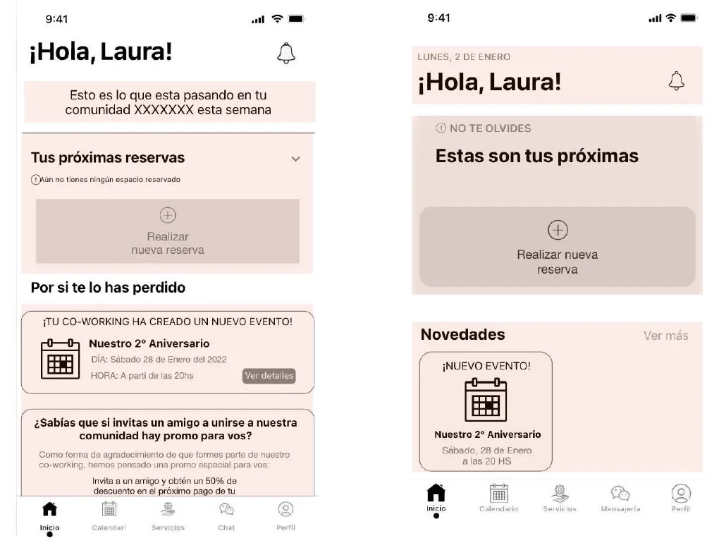 Two versions of the home screen: the tested one with several long text blocks, and the iterated one with upcoming bookings, a new booking button and a news card