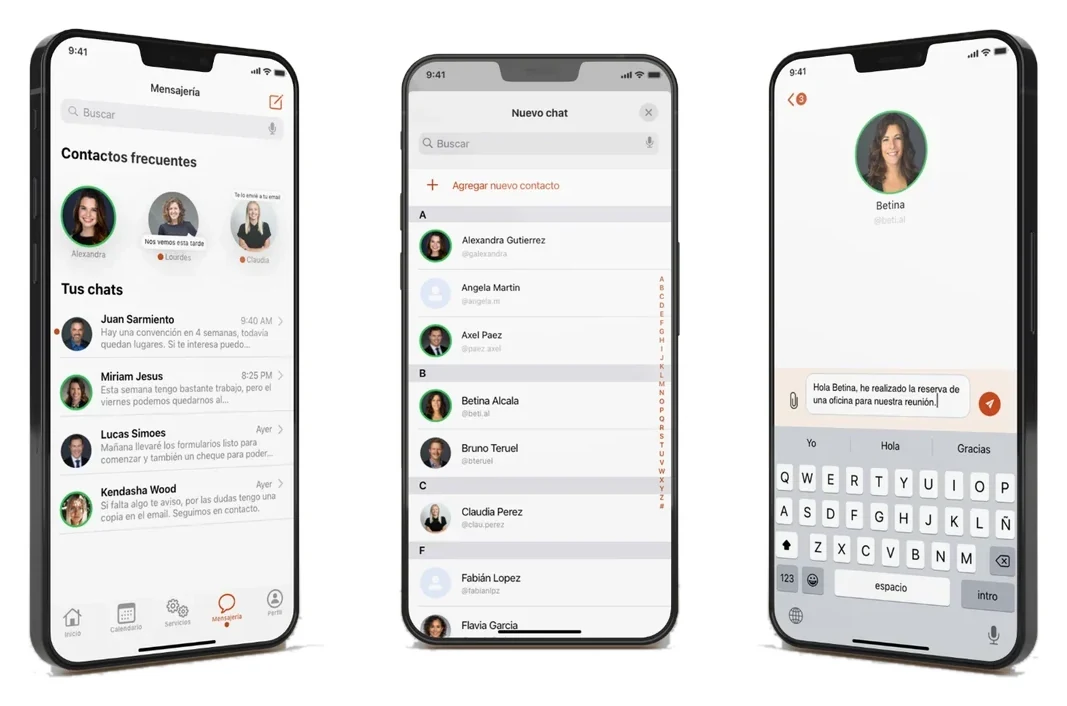 Three phones showing messaging: chat list with frequent contacts, new chat contact list, and a conversation with a message about a booked office