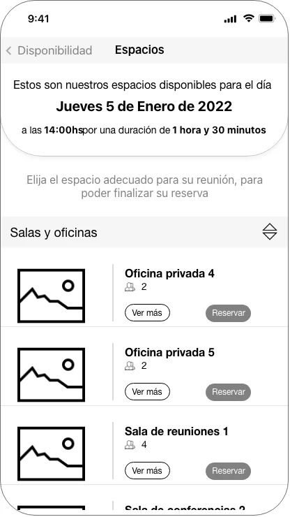 Tested version of the spaces list: image placeholders, each row with a small 'Ver más' outline button and a grey 'Reservar' button