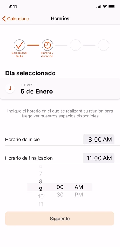 Final time screen: progress bar on step 2, the selected day, start time 8:00 AM and end time 11:00 AM with an open iOS time picker