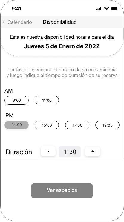 Tested version of the time screen: AM and PM time chips, then a Duración control with minus and plus buttons showing 1:30