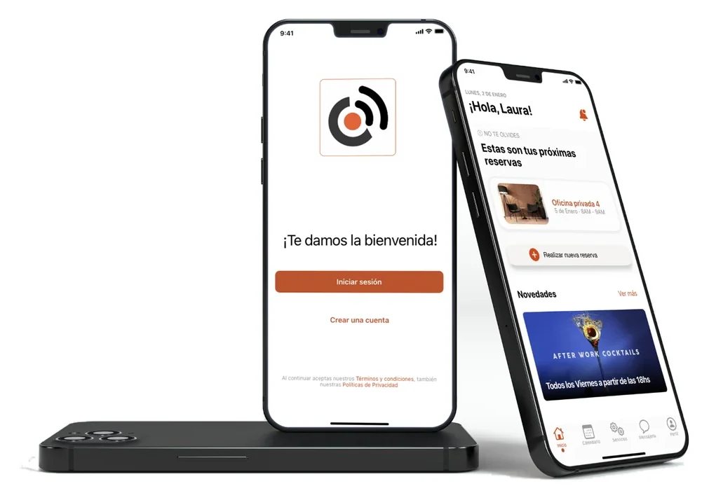 Two phones: the welcome screen with the CoJuntos logo and a sign-in button, and the home screen showing an upcoming private office booking and a 'Realizar nueva reserva' button