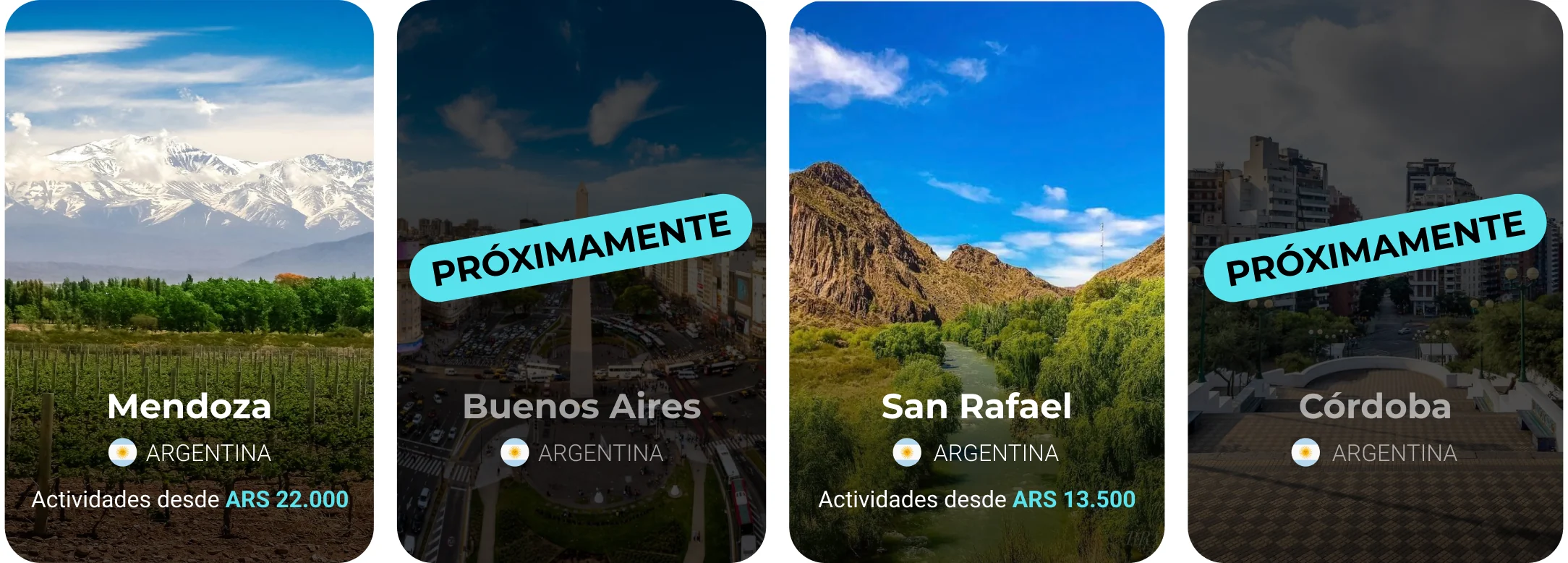 Four destination cards: Mendoza and San Rafael with a starting price for activities, and Buenos Aires and Córdoba dimmed with a 'Próximamente' label and no price