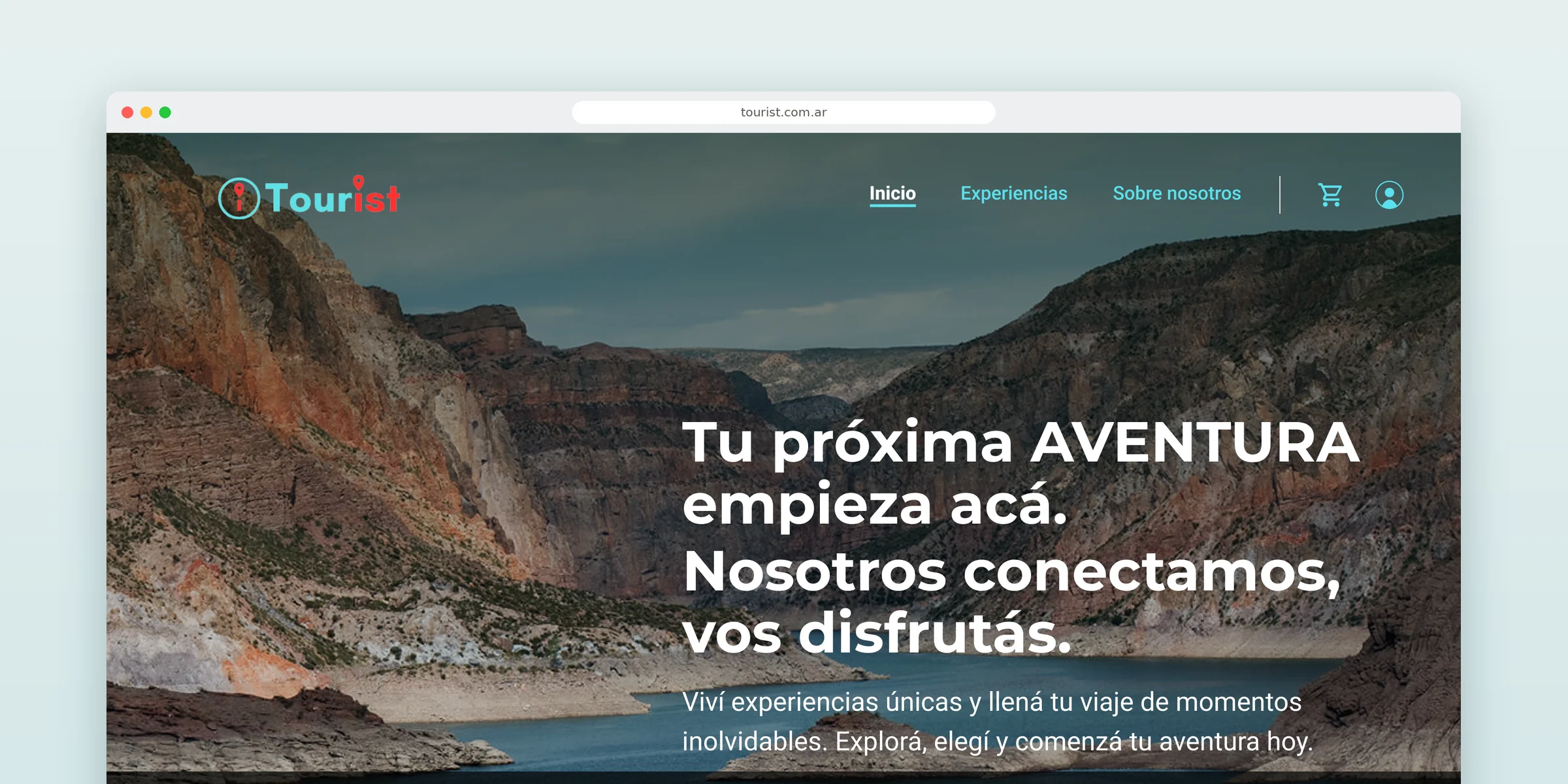 Redesigned Tourist homepage in a browser window: a canyon photo with the headline 'Tu próxima AVENTURA empieza acá' and the navigation