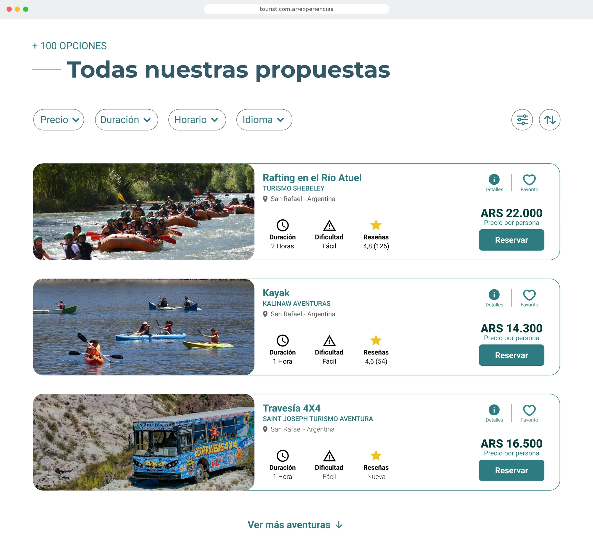 New listing: filters for price, duration, time and language; cards showing provider, duration, difficulty, rating, price per person and a Reservar button. One card shows the rating as Nueva
