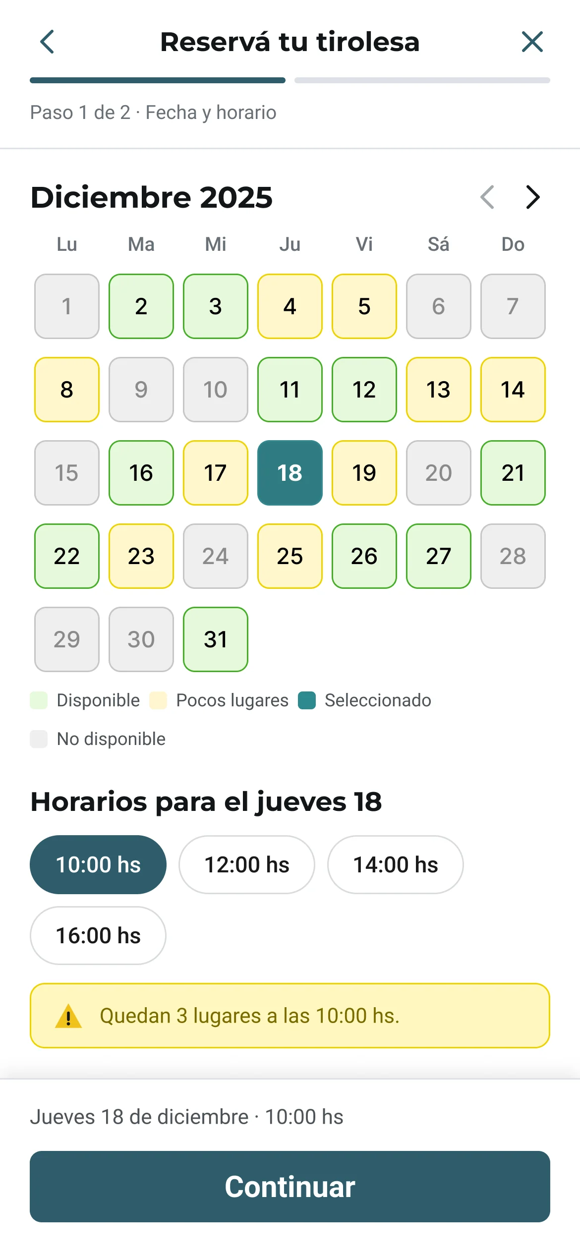 Mobile booking step 1: December calendar with available, few-spots and unavailable days, the 18th selected, time chips and a note that 3 spots are left