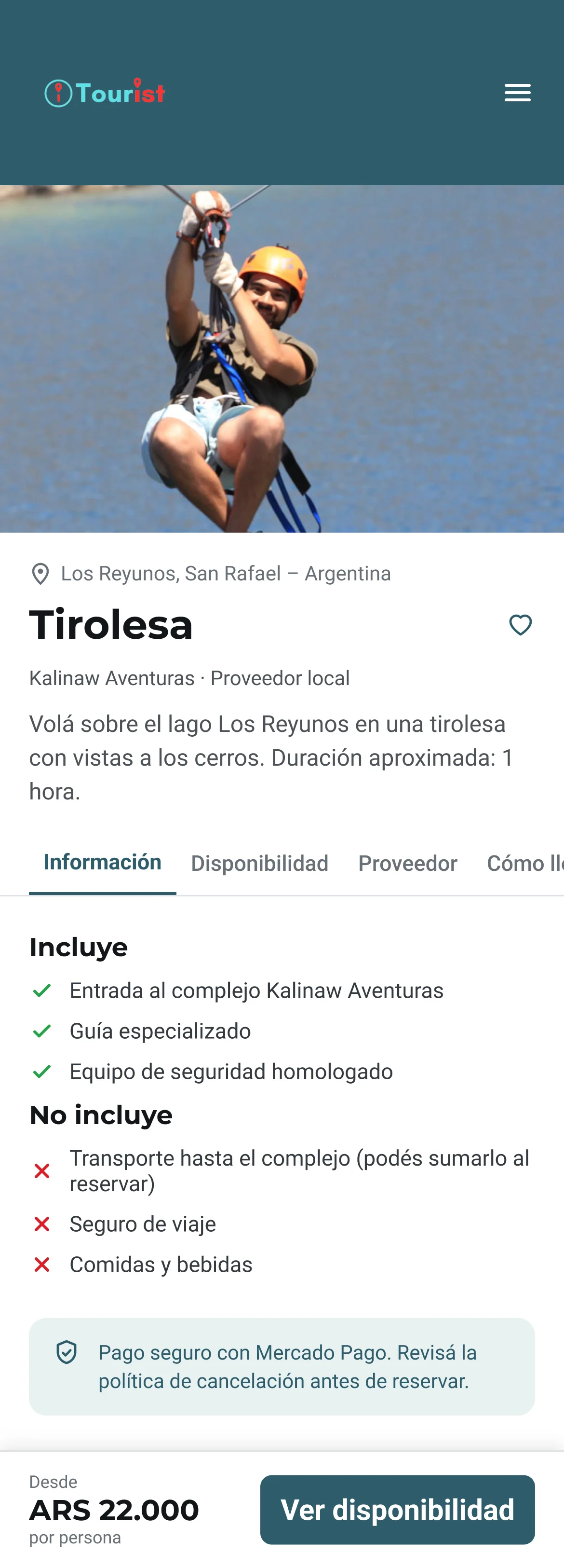 Mobile experience page for the zipline with photo, what is and is not included, a payment note and a pinned bar with the starting price and a button to see availability