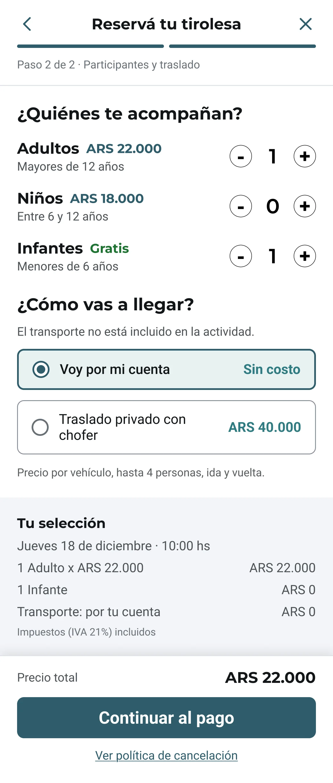 Mobile booking step 2: traveler counters, transport options with going on your own selected, a summary and the total price above the pay button