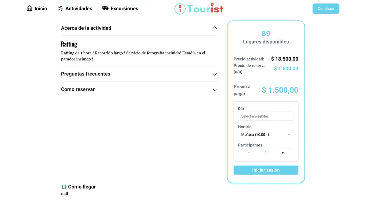 Old Tourist experience page: activity price of 18,500 and a 'price to pay' of 1,500, a date field in English, a 'Cómo llegar' section showing 'null', and an 'Iniciar sesión' button
