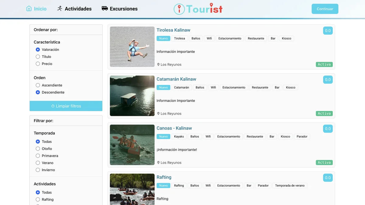 Old Tourist listing: experience cards with amenity tags, placeholder text reading 'Información importante', a 0.0 rating and no price
