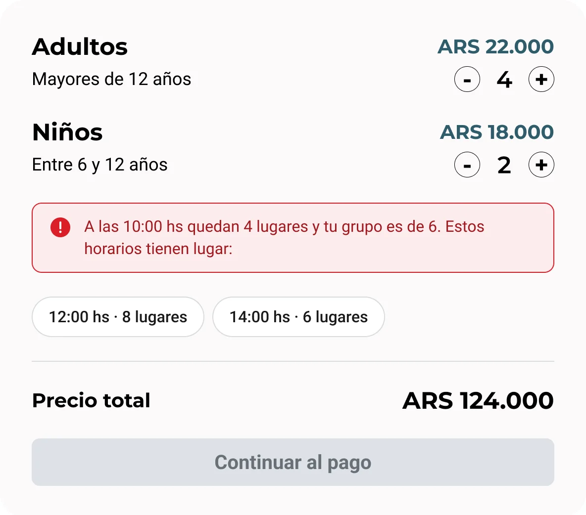 Traveler counters set to 4 adults and 2 children, a red message saying only 4 spots are left at 10:00, two time options with space, and a disabled pay button